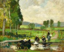 Jules Rene Herve (1887-1981) French, figures washing clothes, oil on board, signed, 8.75