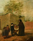 19th Century English School, a lady selling apples to children, oil on canvas, 44
