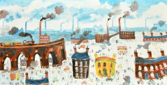 Simeon Stafford (b. 1956) British, 'Stockport', a view of figures amongst factory buildings, oil