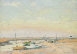 Hugh Boycott Brown (1909-1990) British, beached boats at low tide, oil on card, 6.75