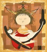 Sekino (Mid-20th Century) a colour print of a child holding a cat, woodcut, signed in pencil and