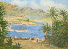 Philip Calandro, 20th Century Continental School, figures watching a yacht entering harbour at