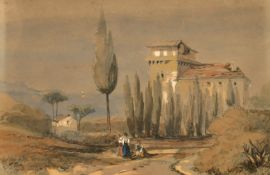 Continental School, Circa 1834, female figures on the road to buildings with a bay beyond,