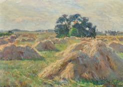 Borge Nyrop (1881-1948), corn stooks in an open field, oil on canvas, signed and dated 1949, 11.5