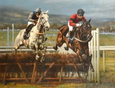 Graham Isom (b. 1945), Dawn Run with Jonjo O'Neil up leading Desert Orchid in the Championship