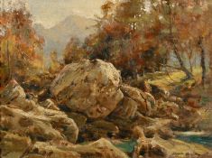 David Hewitt (20th Century), a rocky river landscape with mountains beyond, oil on panel, 12