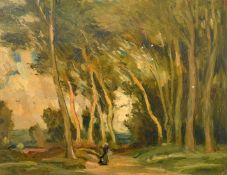 20th Century, a female figure on a woodland track, oil on board, 10