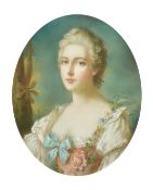 19th Century School, Oval portrait of a pretty lady wearing a white dress with a blue bow and