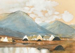 After Paul Henry, Crofters cottages near a pond with mountains beyond, watercolour with white