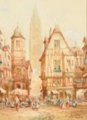 Henry Thomas Schaefer (1815-1873), A view of Strasbourg, figures in a busy street, watercolour,