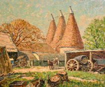 Henry Samuel Merritt (1884-1963) British, a figure and horses by oast houses, oil on canvas, signed,