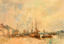 French School (circa 1890) A busy port with moored tall boats and figures on the quay, oil on panel,