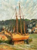George Turland (1877-1947) American, A tall ship tethered to a harbour wall, oil on board, signed,
