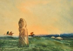 19th Century watercolour of Mongolian horseman riding across The Steppes, a monument in the
