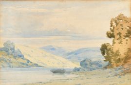 Attributed to John Callow (1822-1878) British, a hulk in a hillside lake, watercolour, 7