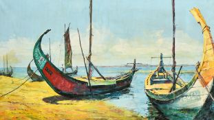 20th Century Portuguese School, 'Rio de Aveiro', Portugal, traditional boats moored in a lagoon, oil