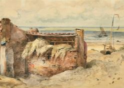 Attributed to Willem Van Deventer (1824-1891), a brick shelter on an open beach, watercolour, 9.