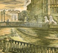 Eastern European School, Figures on a canal bridge, colour wood engraving, signed in pencil, label