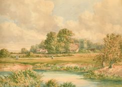 Circle of William Turner of Oxford, A river landscape with figures and sheep, a hamlet with a church