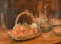 Carolyn Sergeant (1937-2018) British, a still life of fruit in a basket and other objects, oil on
