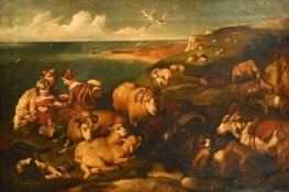 Manner of Ansdell, 19th Century, figures and livestock along a cliff top, oil on canvas, 22