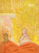 Circle of Pierre Bonnard, Two figures in a stylized interior, mixed media, pencil and gouache, 10.