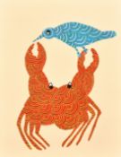 Ram Singh Urveti (b. 1970) Indian Gond Artist, a bird and a crab, gouache, signed, 14