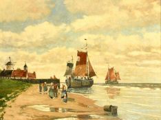 Adolf Hilgers (1879-1944) German, figures on a beach with barges moored close by, oil on canvas,