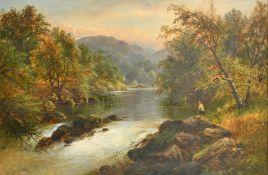 Geroge Yarnold, 19th/20th Century, an angler approaching a river across a rocky mound, oil on