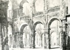 Laurie Lipton (b. 1953), a female figure running through surreal architecture of grotesque forms,