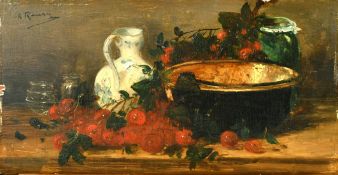 Alfred Rouby (1849-1909) French, a pair of oil on mahogany panel still life paintings of fruit and