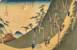 Hiroshige, Japanese, 'Nissaka-Shuku', a woodblock print, 8.5