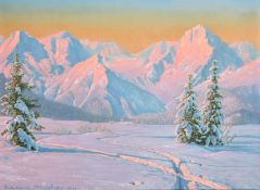 Friedrich Koko-Mikoletsky (1887-1981) Austria, a view of tracks in the snow at dusk with mountains