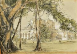 Circle of G.B Campion, View of a grand house through trees, pencil and watercolour heightened with