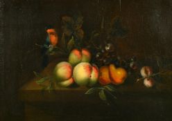 18th/19th Century Continental School, a still life of fruit with a bird perched on foliage, oil on