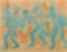 East African School, (20th Century), Figures carrying crops, watercolour, indistinctly signed and