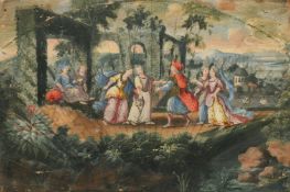 An Antique extended fan painting of elegant figures conversing in a garden near ruins, paper laid