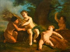 19th Century, Cherubs below a tree with sheafs of wheat, oil on panel, 10.5