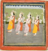 19th Century Indian, Four female figures carrying a flower in the palm of their hands,