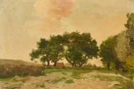 Pieter Johannes Mak (1842-1929), a building and trees by a pathway, oil on canvas laid down, signed,