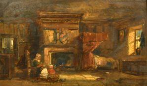 William Muller, 'Plass Mawr', an interior scene of a lady and child seated by a fire, oil on