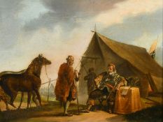 19th Century Continental School, soldiers with their horses resting outside a tent, oil on metal, 5