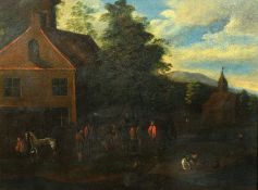 18th Century, possibly German School, Figures conversing in a landscape outside dwellings, oils on