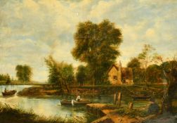 19th Century English School, A river landscape with a dwelling, figures in boats and cattle