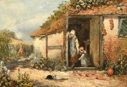 English School, A lovely painting of figures by the old cottage door with two kittens and a saucer