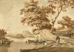 18th / 19th Century Dutch School, a figure and his dog on a riverside path, watercolour,