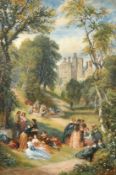 David Cox Junior (1809-1885) British, elegant figures gathered in the grounds of a country house,