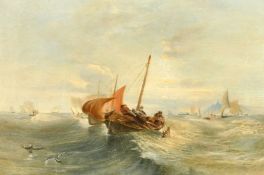 English School (19th Century), A busy seascape off the coast with sailing boats in choppy seas and