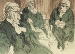 Feliks Topolski, Three judges seated, colour lithograph, numbered 225/250 and signed, paper size 21