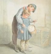 Circle of Edouard Frere, late 19th Century, two children playing with a drum, watercolour, 14